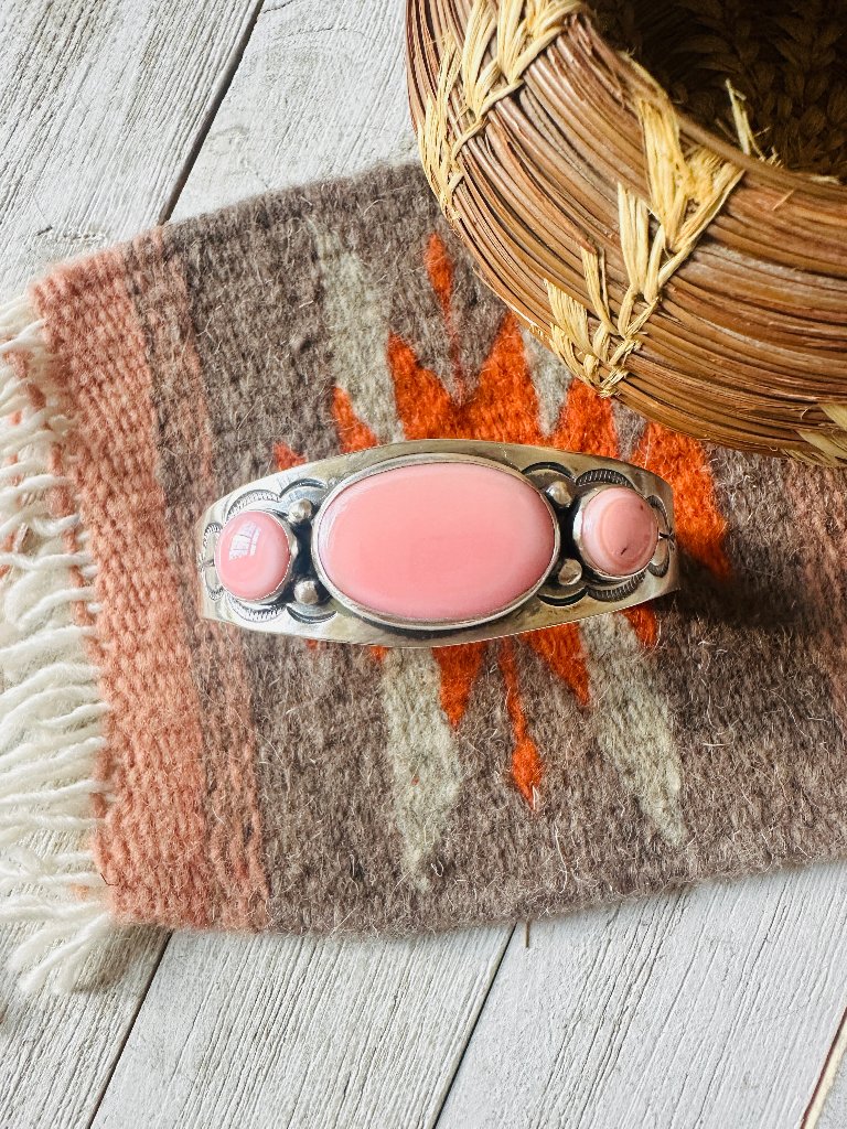 Handcrafted Queen Pink Conch Shell & Sterling Silver 3-Stone Cuff Bracelet